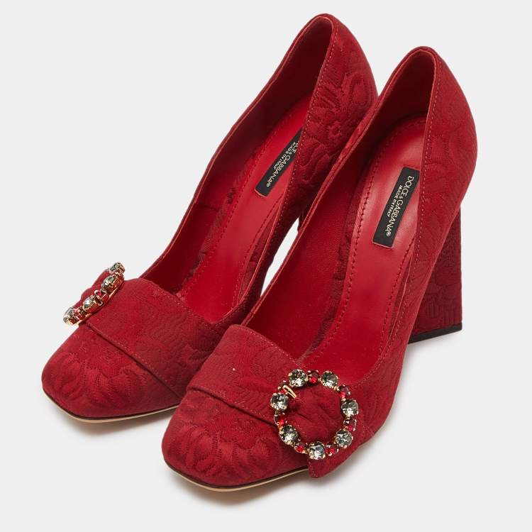Pre Owned Dolce & Gabbana Red Brocade Fabric Crystal Embellished Block Heel Pumps Size 39.5