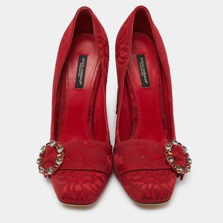 Pre Owned Dolce & Gabbana Red Brocade Fabric Crystal Embellished Block Heel Pumps Size 39.5