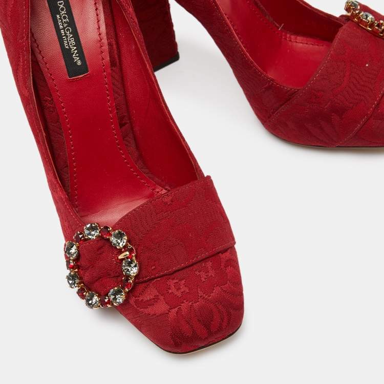 Pre Owned Dolce & Gabbana Red Brocade Fabric Crystal Embellished Block Heel Pumps Size 39.5