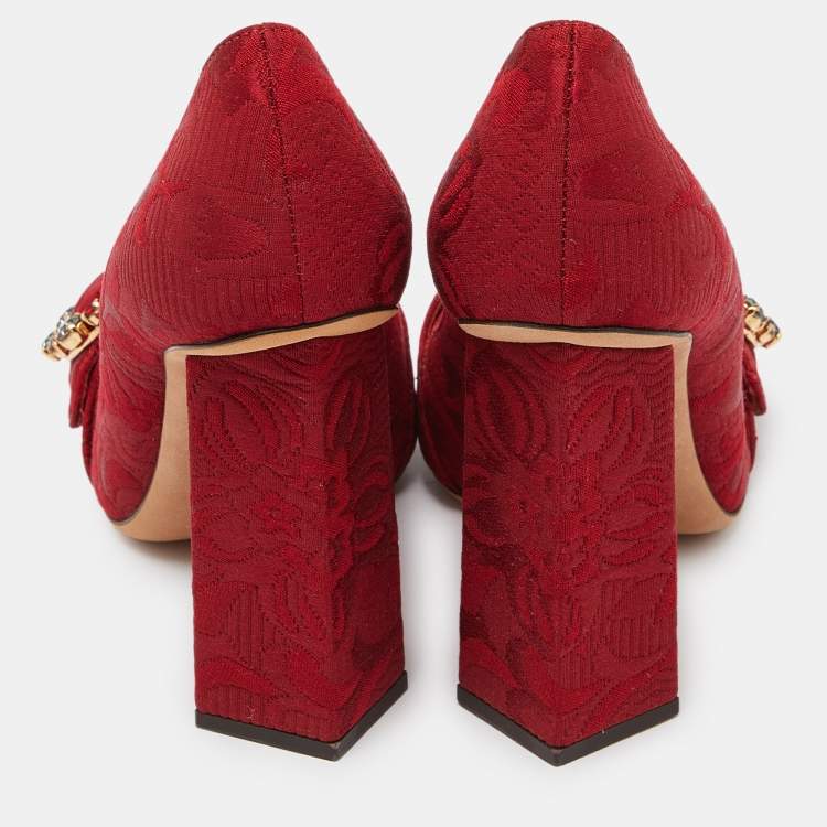Pre Owned Dolce & Gabbana Red Brocade Fabric Crystal Embellished Block Heel Pumps Size 39.5