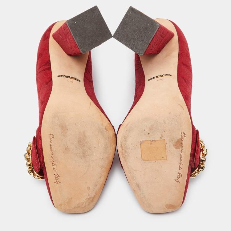 Pre Owned Dolce & Gabbana Red Brocade Fabric Crystal Embellished Block Heel Pumps Size 39.5