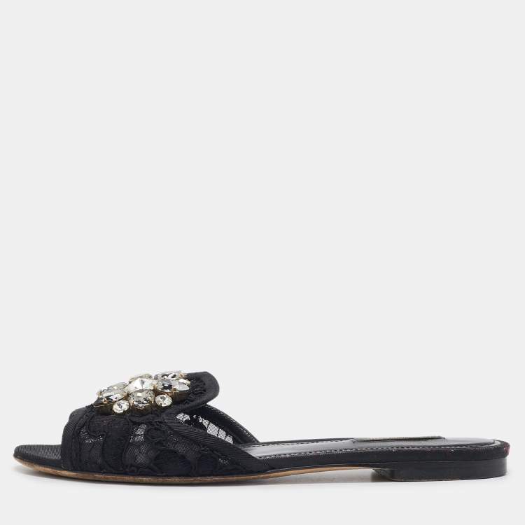 Pre Owned Dolce & Gabbana Black Lace Crystal Embellished Flat Slides Size 37.5