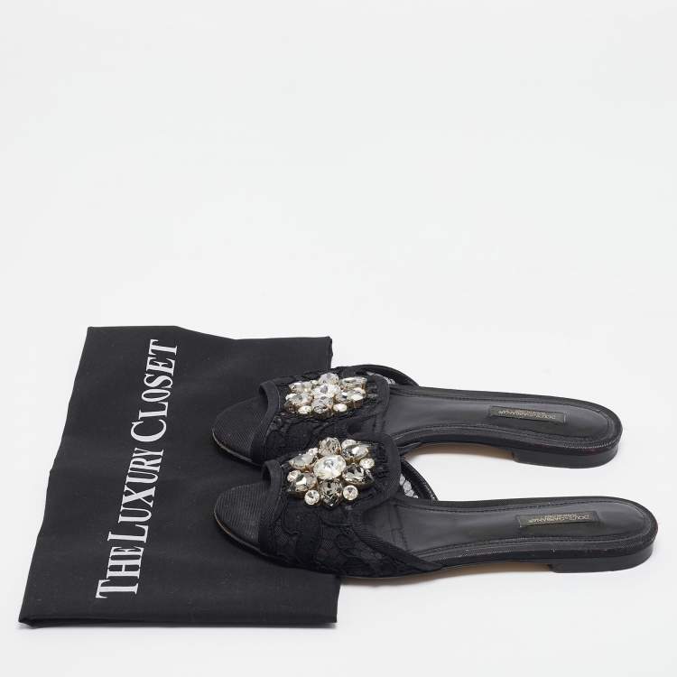 Pre Owned Dolce & Gabbana Black Lace Crystal Embellished Flat Slides Size 37.5