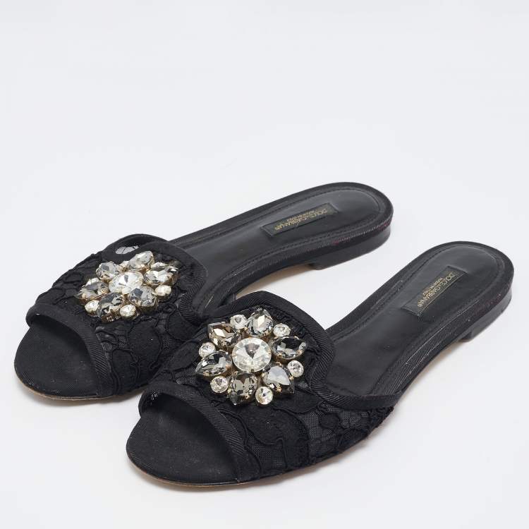 Pre Owned Dolce & Gabbana Black Lace Crystal Embellished Flat Slides Size 37.5