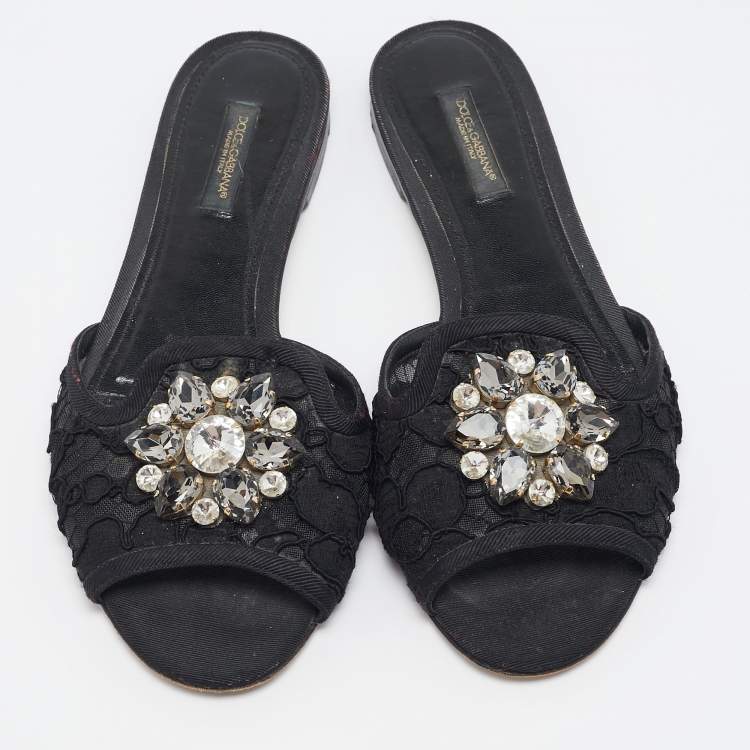 Pre Owned Dolce & Gabbana Black Lace Crystal Embellished Flat Slides Size 37.5