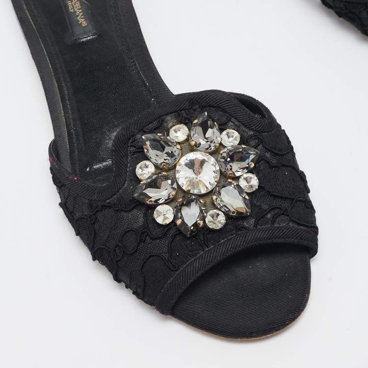 Pre Owned Dolce & Gabbana Black Lace Crystal Embellished Flat Slides Size 37.5
