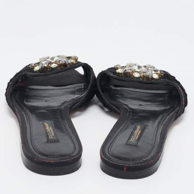Pre Owned Dolce & Gabbana Black Lace Crystal Embellished Flat Slides Size 37.5