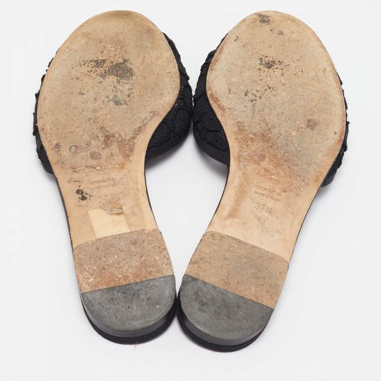 Pre Owned Dolce & Gabbana Black Lace Crystal Embellished Flat Slides Size 37.5