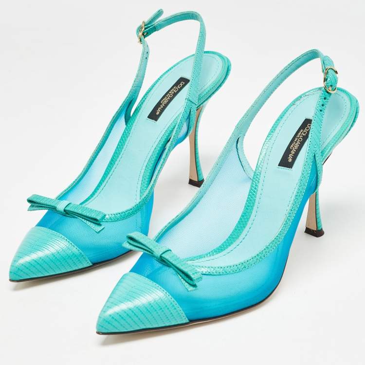 Pre Owned Dolce & Gabbana Blue Iguana Lizard Embossed Leather, Mesh Slingback Pumps Size 39