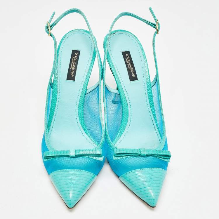 Pre Owned Dolce & Gabbana Blue Iguana Lizard Embossed Leather, Mesh Slingback Pumps Size 39