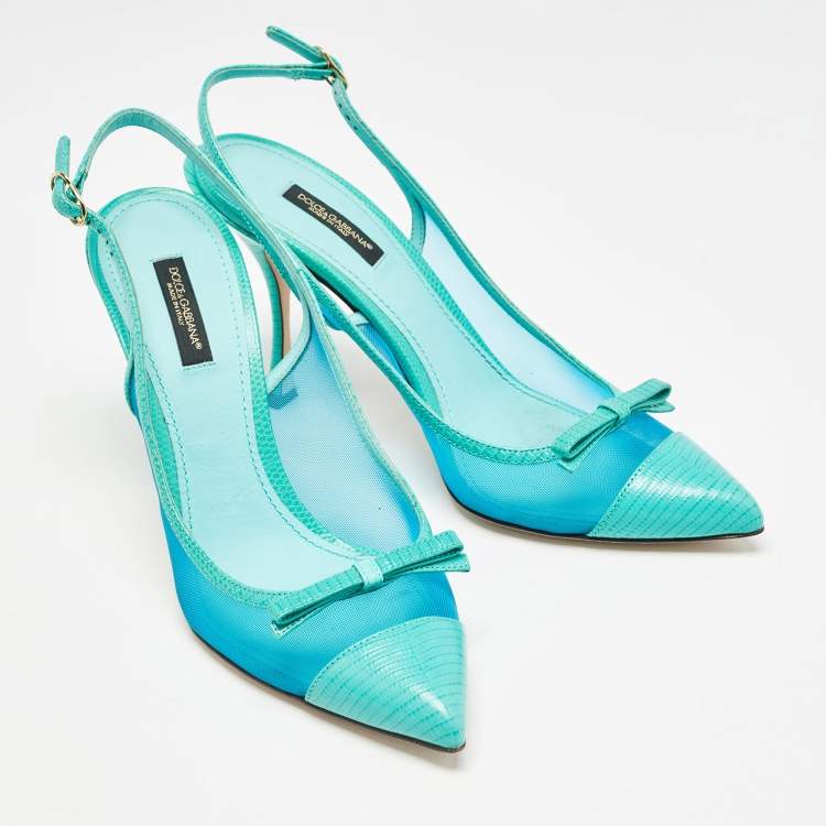 Pre Owned Dolce & Gabbana Blue Iguana Lizard Embossed Leather, Mesh Slingback Pumps Size 39