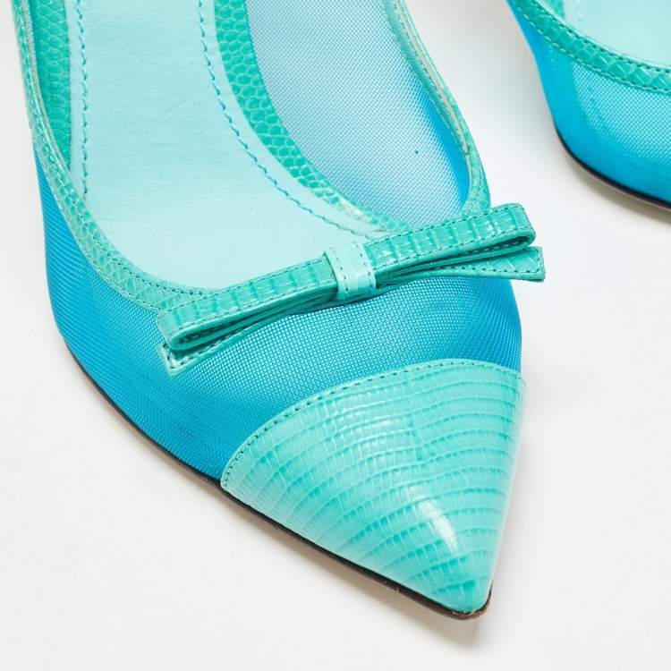 Pre Owned Dolce & Gabbana Blue Iguana Lizard Embossed Leather, Mesh Slingback Pumps Size 39