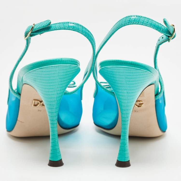 Pre Owned Dolce & Gabbana Blue Iguana Lizard Embossed Leather, Mesh Slingback Pumps Size 39