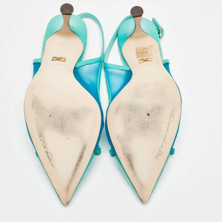 Pre Owned Dolce & Gabbana Blue Iguana Lizard Embossed Leather, Mesh Slingback Pumps Size 39