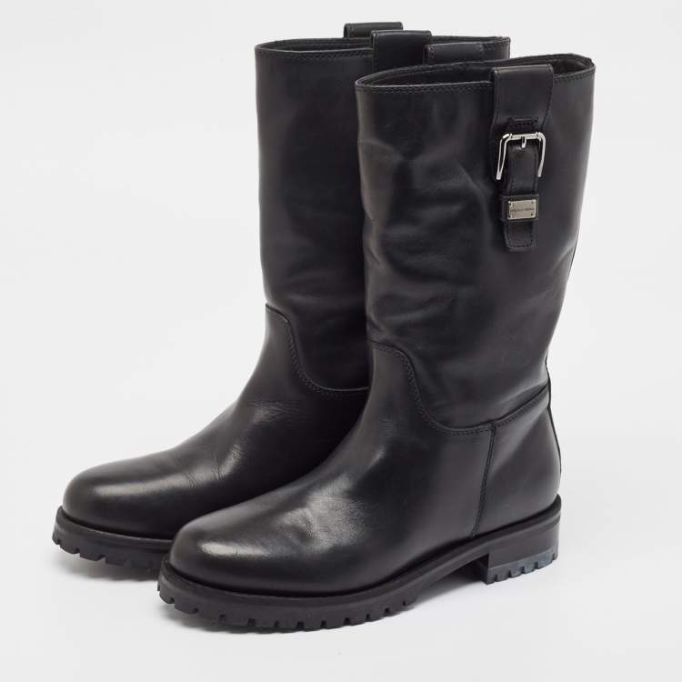 Pre Owned Dolce & Gabbana Black Leather Buckle Detail Mid Calf Boots Size 40