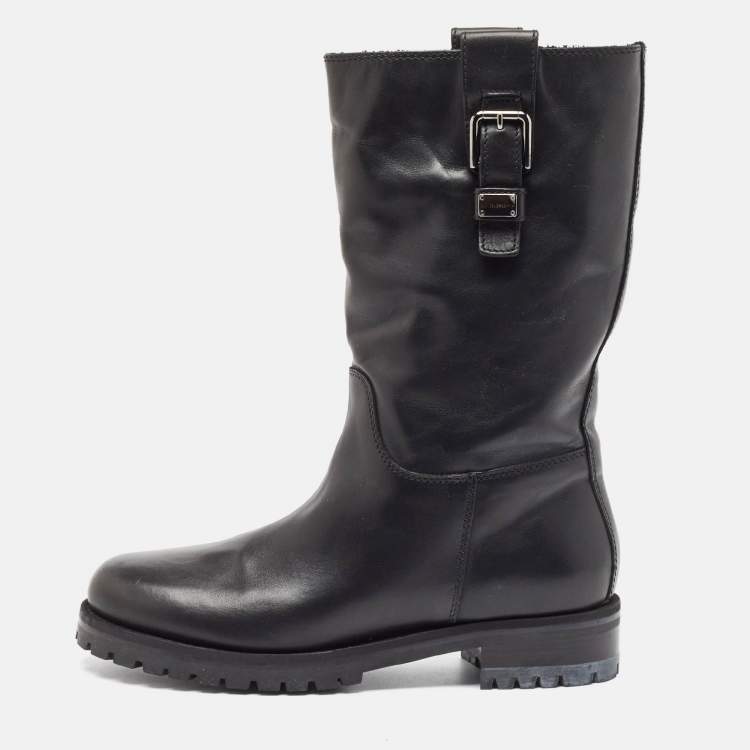 Pre Owned Dolce & Gabbana Black Leather Buckle Detail Mid Calf Boots Size 40