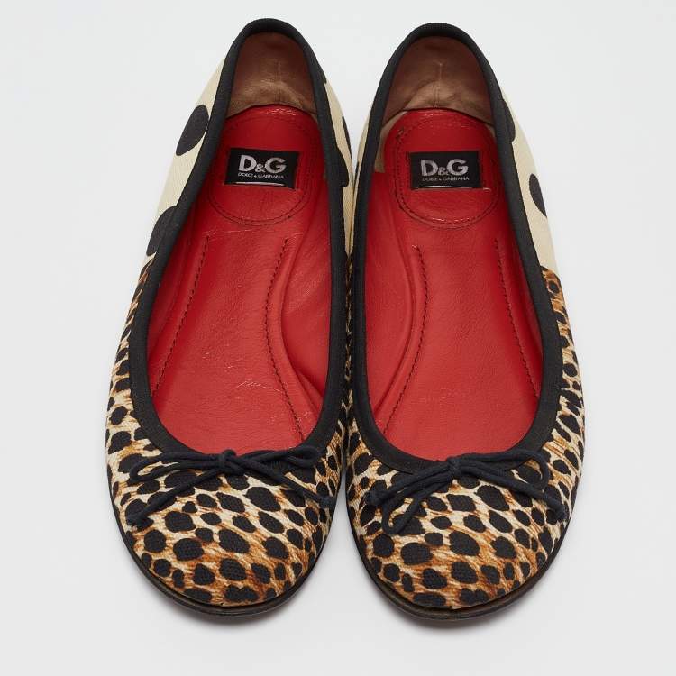 Pre Owned Dolce & Gabbana Tricolor Animal Print and Polka Dot Canvas Bow Ballet Flats Size 37.5