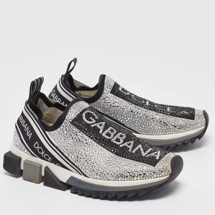 Pre Owned Dolce & Gabbana Silver/Black Fabric  Sorrento Embellished Sneakers Size 37