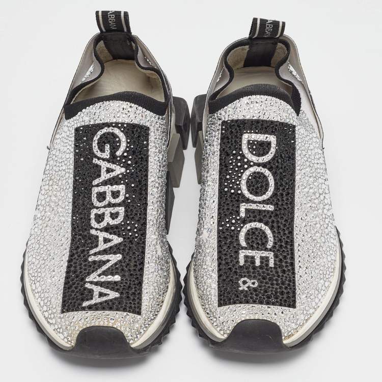 Pre Owned Dolce & Gabbana Silver/Black Fabric  Sorrento Embellished Sneakers Size 37
