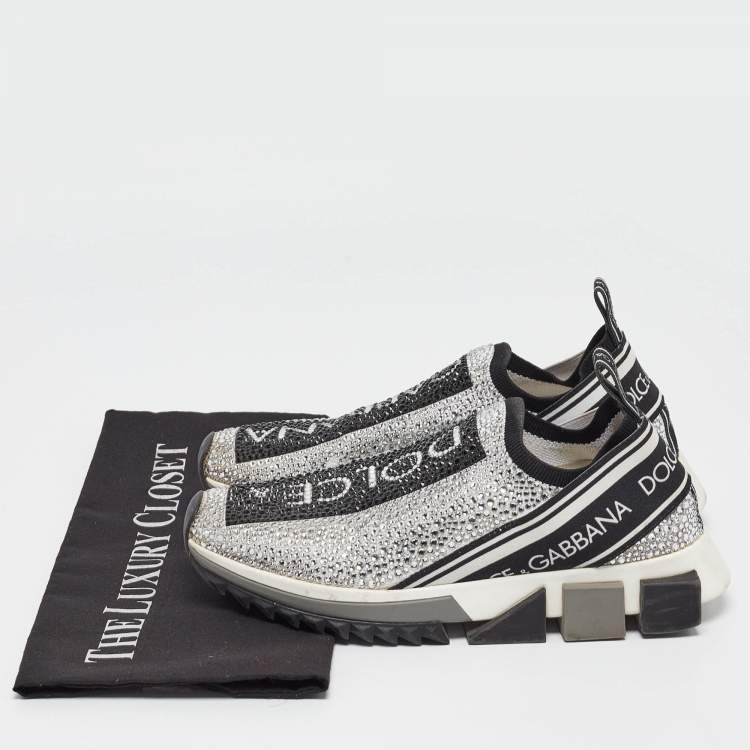 Pre Owned Dolce & Gabbana Silver/Black Fabric  Sorrento Embellished Sneakers Size 37