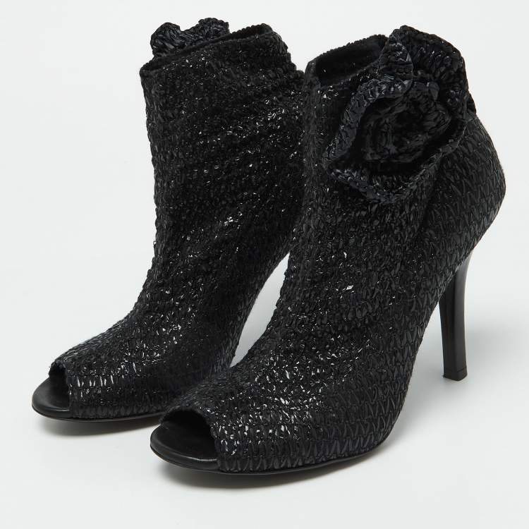 Pre Owned Dolce & Gabbana Black Knit Fabric and Straw Peep Toe Booties Size 37