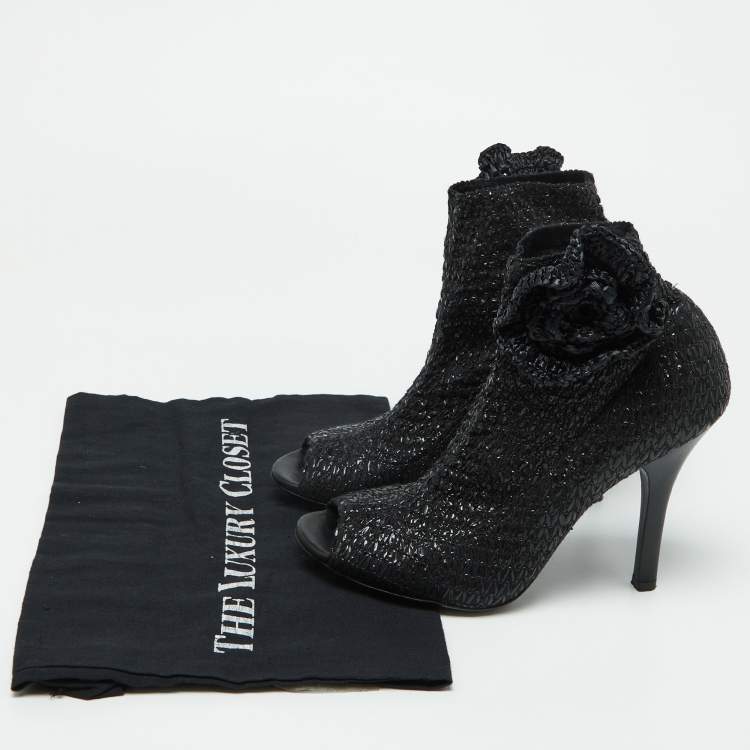 Pre Owned Dolce & Gabbana Black Knit Fabric and Straw Peep Toe Booties Size 37