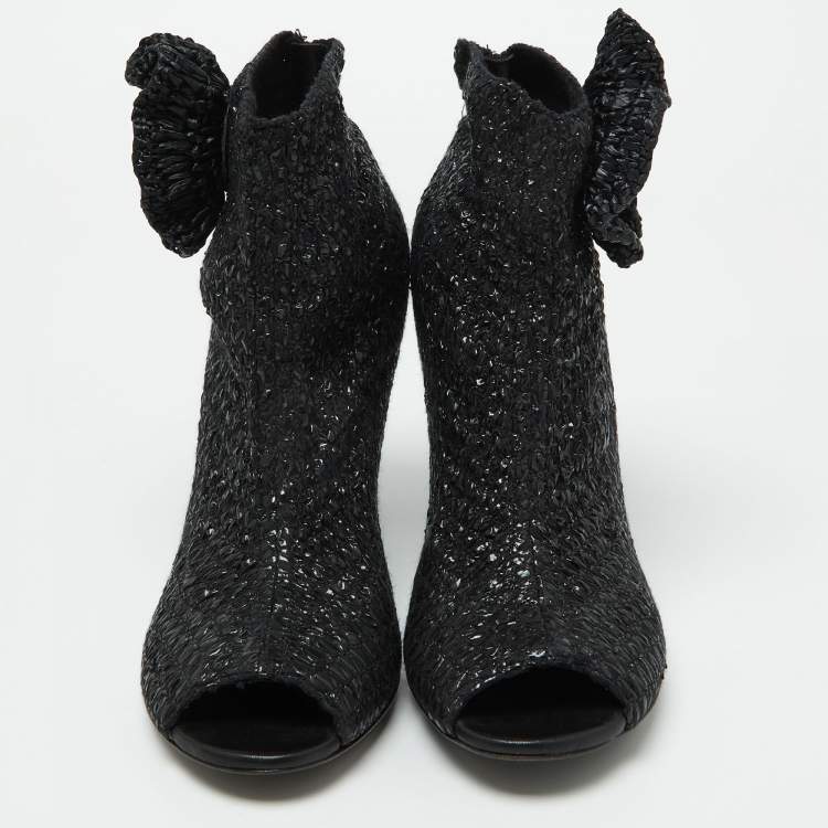 Pre Owned Dolce & Gabbana Black Knit Fabric and Straw Peep Toe Booties Size 37