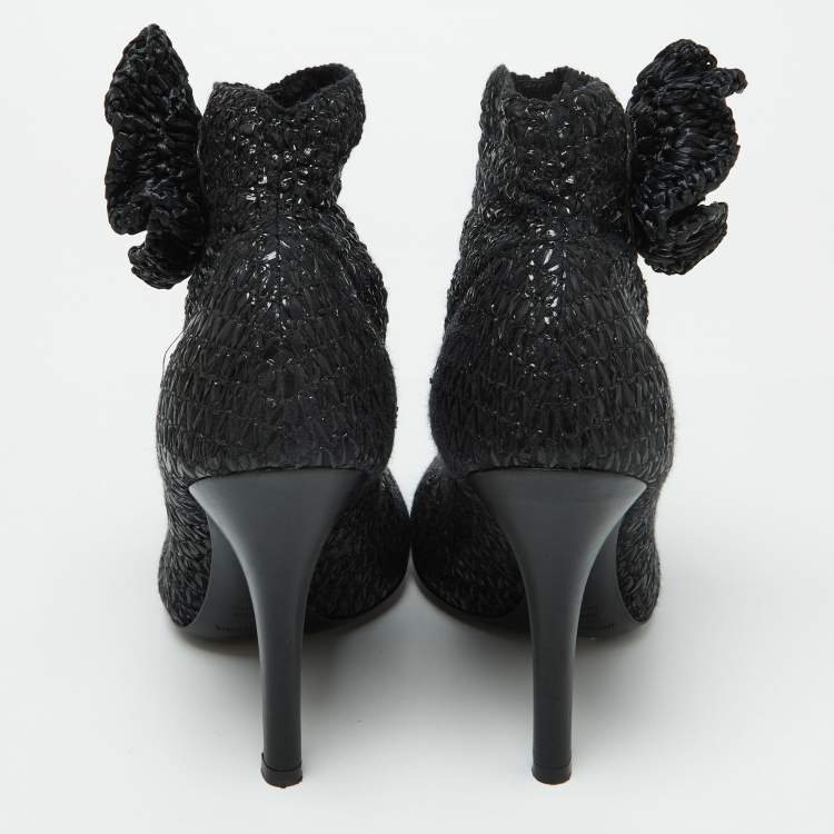 Pre Owned Dolce & Gabbana Black Knit Fabric and Straw Peep Toe Booties Size 37