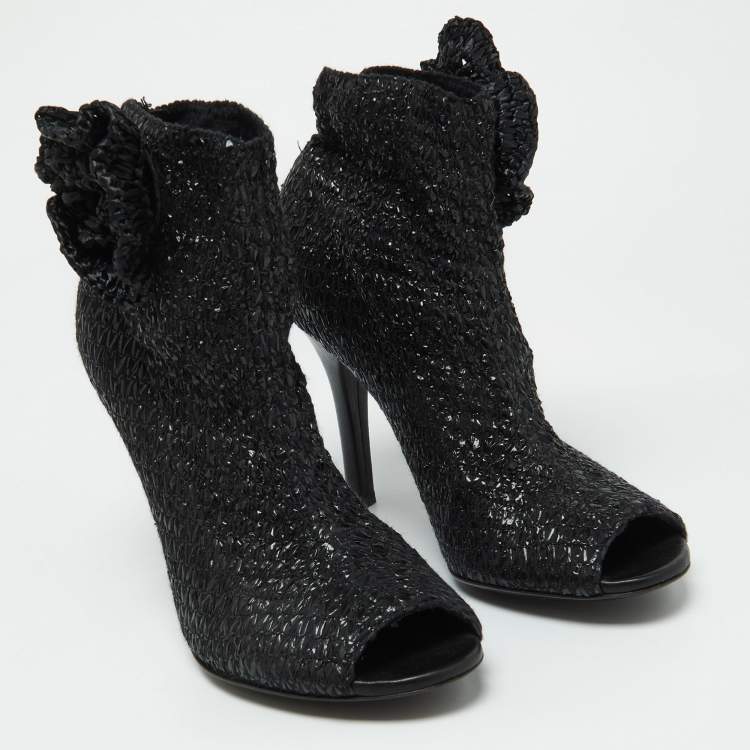 Pre Owned Dolce & Gabbana Black Knit Fabric and Straw Peep Toe Booties Size 37