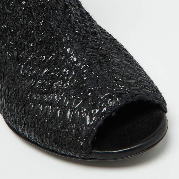 Pre Owned Dolce & Gabbana Black Knit Fabric and Straw Peep Toe Booties Size 37