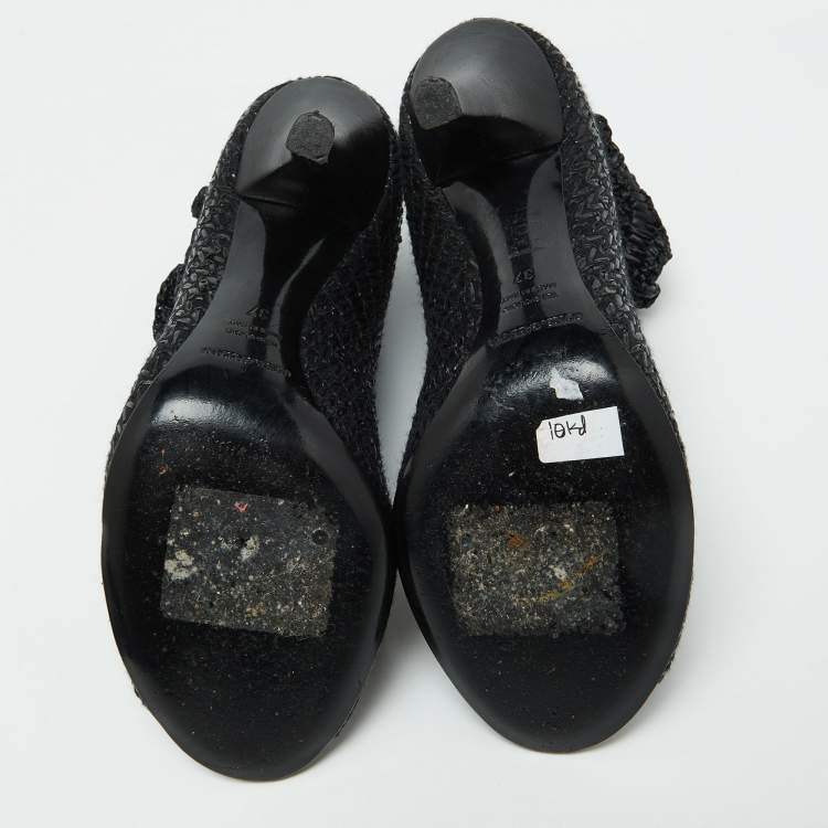 Pre Owned Dolce & Gabbana Black Knit Fabric and Straw Peep Toe Booties Size 37