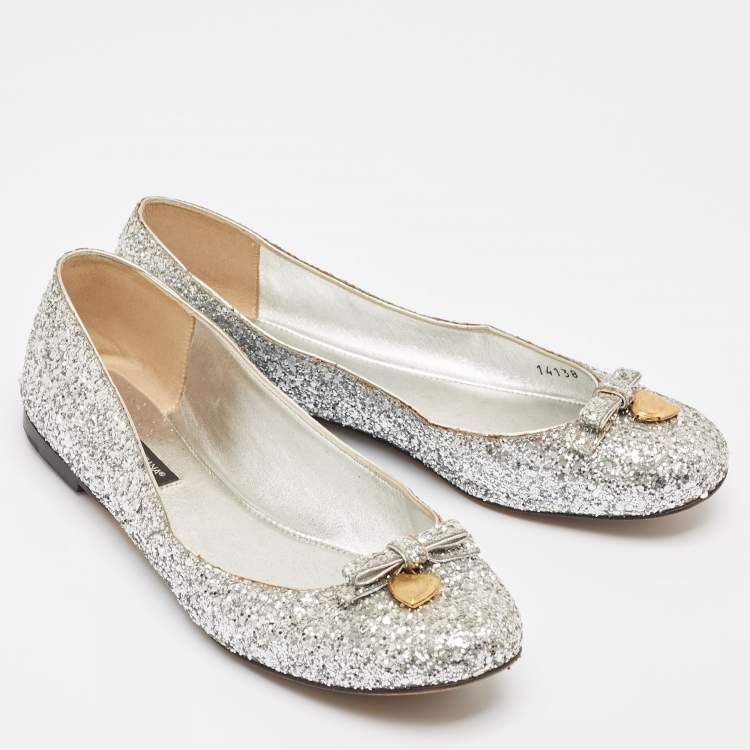 Pre Owned Dolce & Gabbana Silver Glitter Bow Ballet Flats Size 37.5 