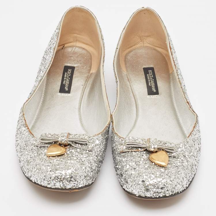 Pre Owned Dolce & Gabbana Silver Glitter Bow Ballet Flats Size 37.5 