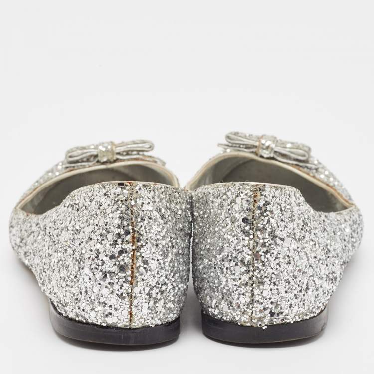 Pre Owned Dolce & Gabbana Silver Glitter Bow Ballet Flats Size 37.5 