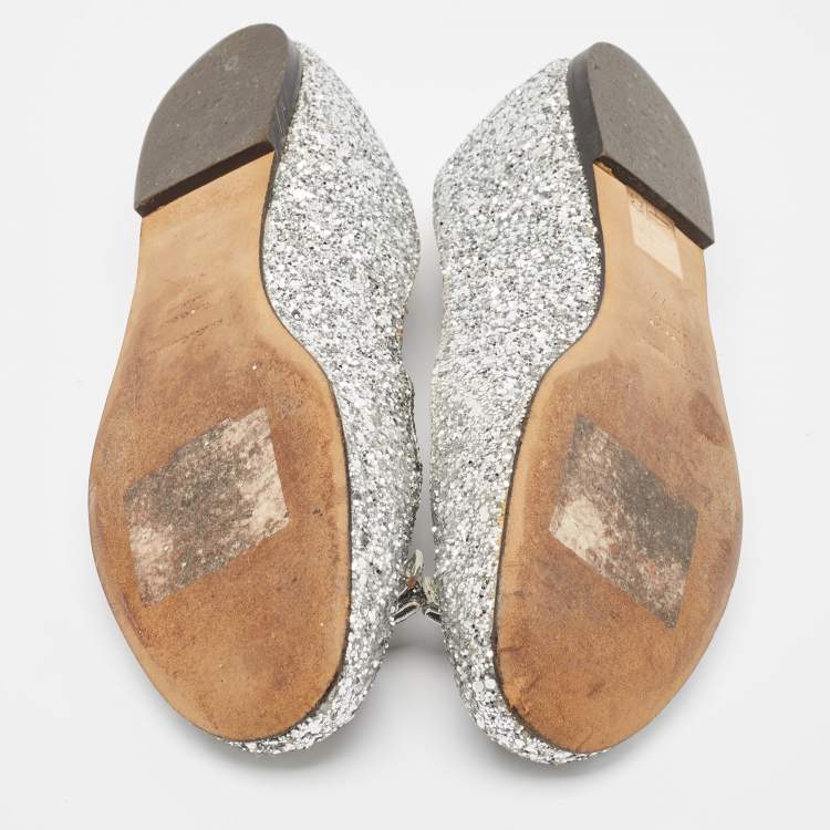 Pre Owned Dolce & Gabbana Silver Glitter Bow Ballet Flats Size 37.5 