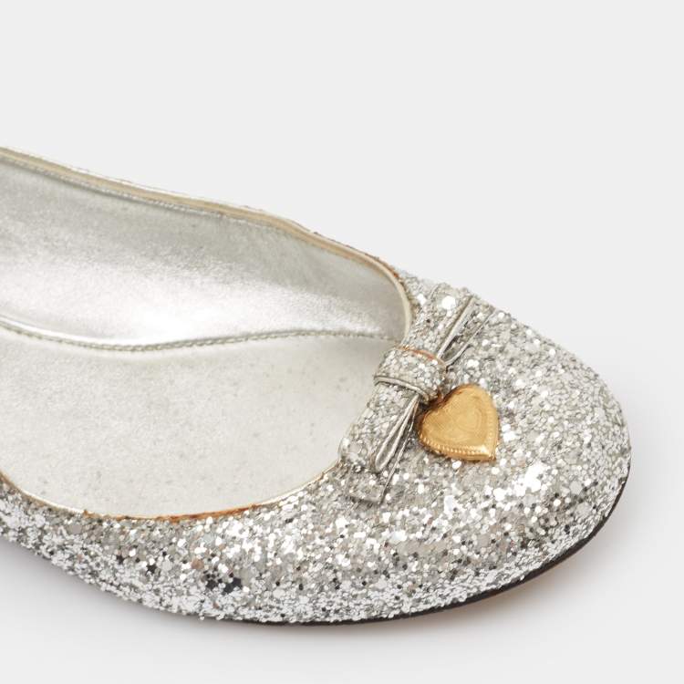Pre Owned Dolce & Gabbana Silver Glitter Bow Ballet Flats Size 37.5 