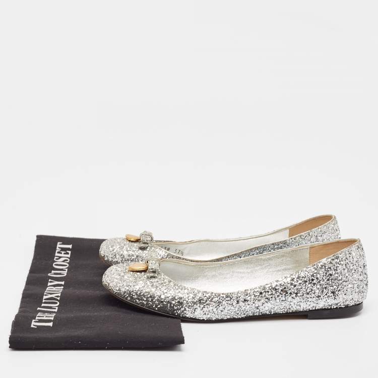 Pre Owned Dolce & Gabbana Silver Glitter Bow Ballet Flats Size 37.5 