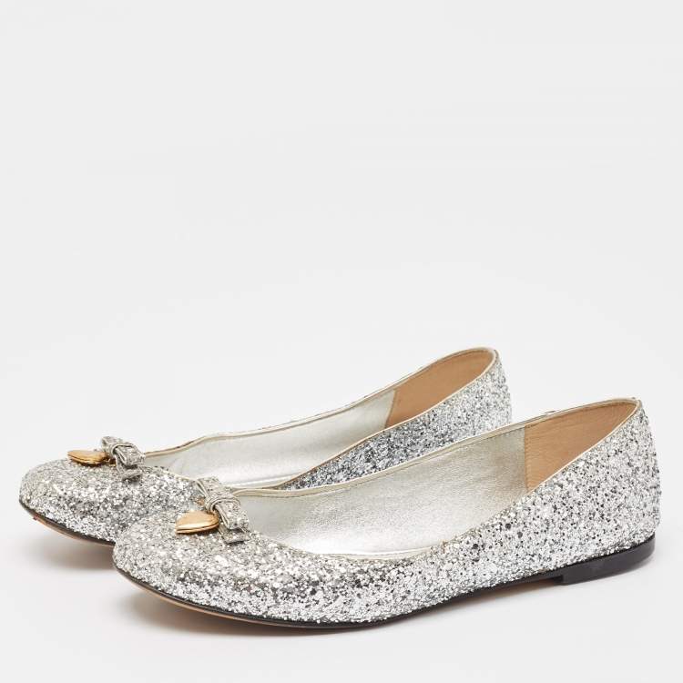 Pre Owned Dolce & Gabbana Silver Glitter Bow Ballet Flats Size 37.5 