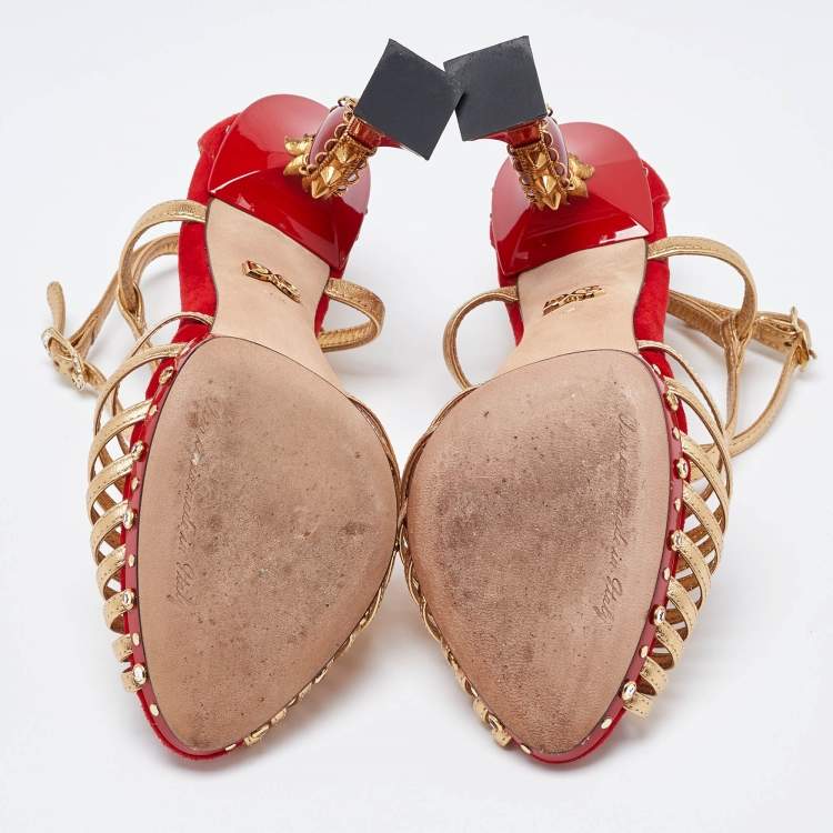 Pre Owned Dolce & Gabbana Red/Gold Leather and Suede Sculpted Ankle Strap Sandals Size 36.5