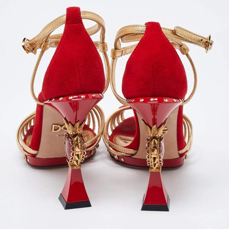 Pre Owned Dolce & Gabbana Red/Gold Leather and Suede Sculpted Ankle Strap Sandals Size 36.5