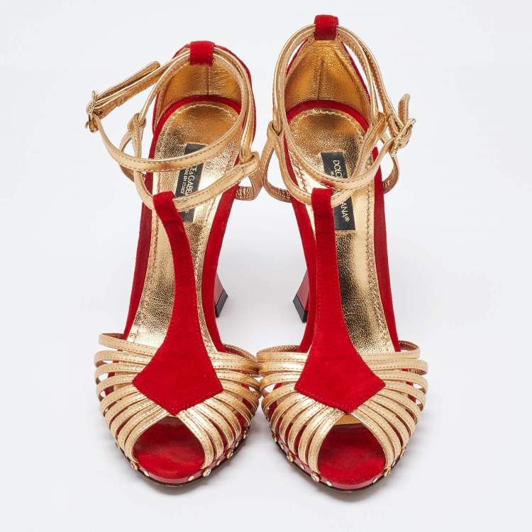 Pre Owned Dolce & Gabbana Red/Gold Leather and Suede Sculpted Ankle Strap Sandals Size 36.5