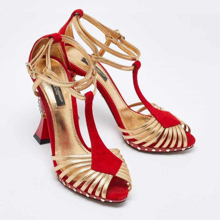 Pre Owned Dolce & Gabbana Red/Gold Leather and Suede Sculpted Ankle Strap Sandals Size 36.5