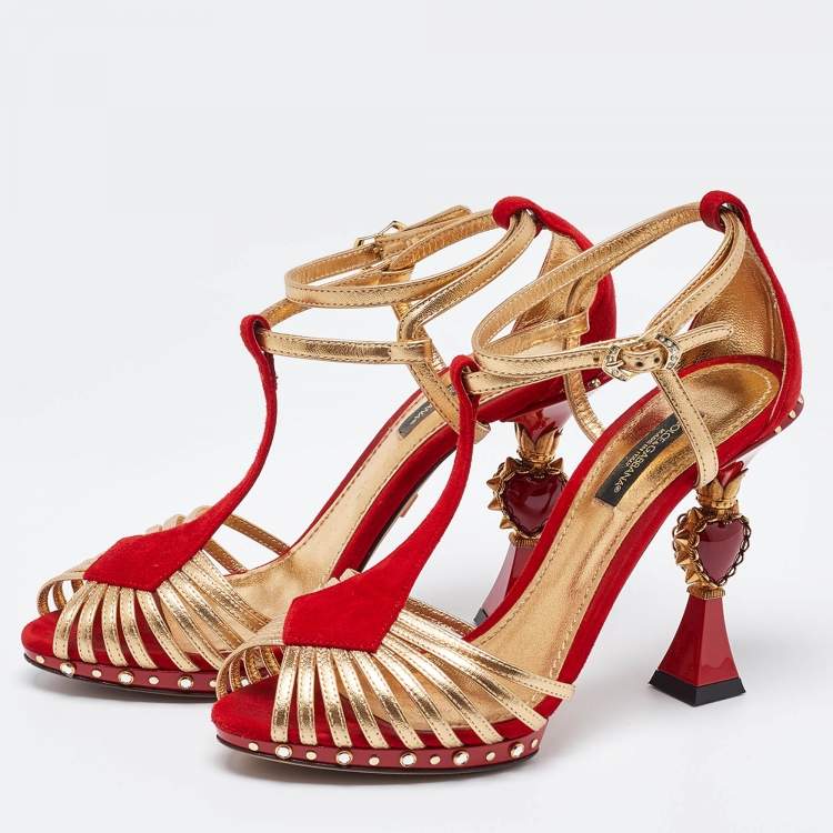 Pre Owned Dolce & Gabbana Red/Gold Leather and Suede Sculpted Ankle Strap Sandals Size 36.5