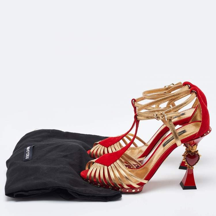Pre Owned Dolce & Gabbana Red/Gold Leather and Suede Sculpted Ankle Strap Sandals Size 36.5