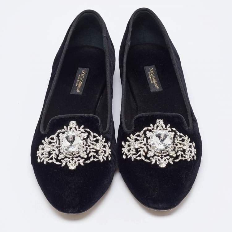 Pre Owned Dolce & Gabbana Black Velvet Crystal Embellished Ballet Flats Size 35