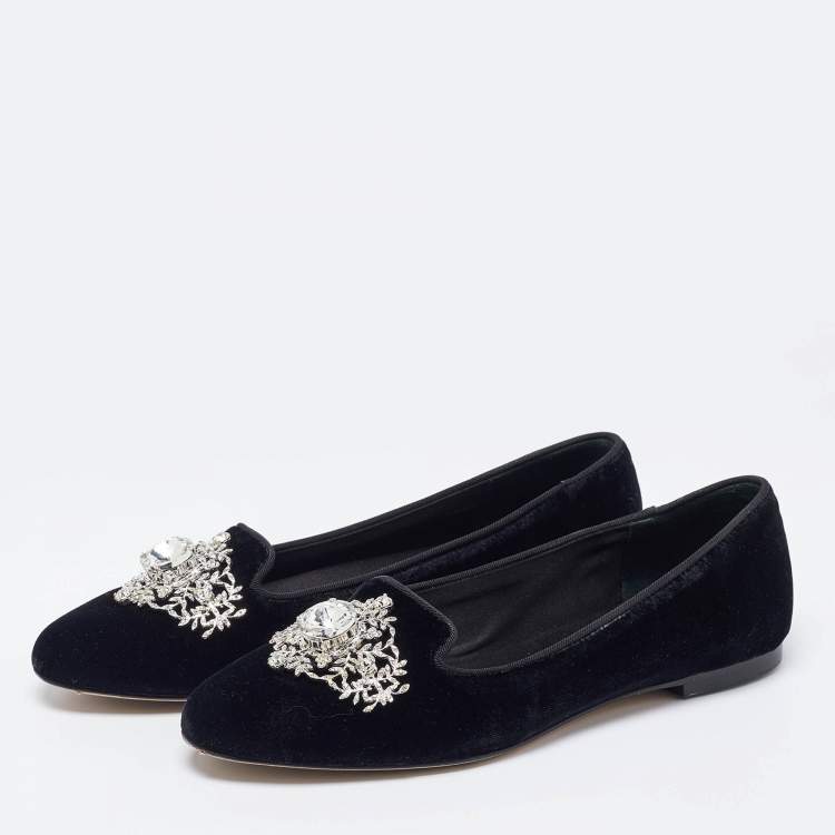 Pre Owned Dolce & Gabbana Black Velvet Crystal Embellished Ballet Flats Size 35