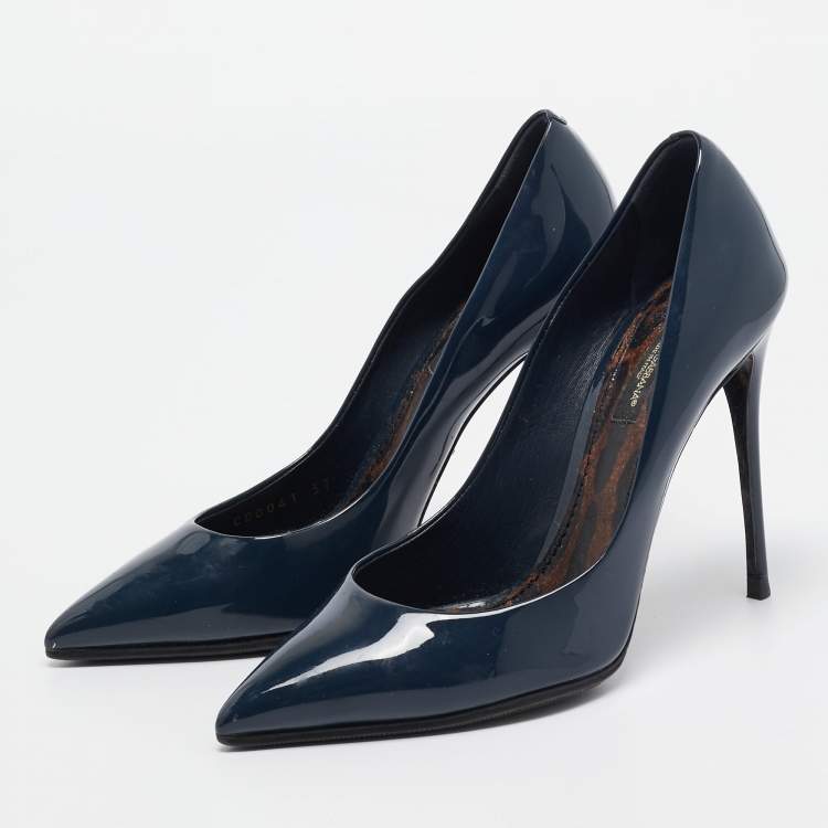 Dolce Gabbana Navy Blue Patent Leather Pointed Toe Pumps Size 37 Dolce Gabbana TLC