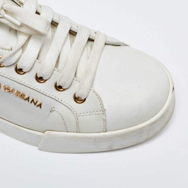 Pre Owned Dolce & Gabbana White/Gold Leather Portofino Sneakers Size 38.5