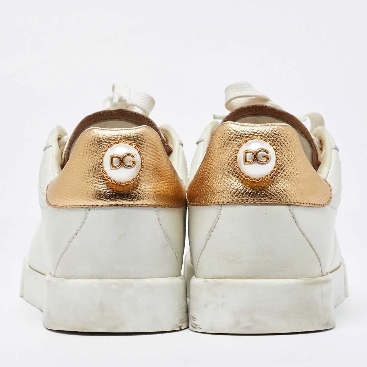 Pre Owned Dolce & Gabbana White/Gold Leather Portofino Sneakers Size 38.5
