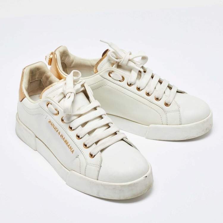 Pre Owned Dolce & Gabbana White/Gold Leather Portofino Sneakers Size 38.5